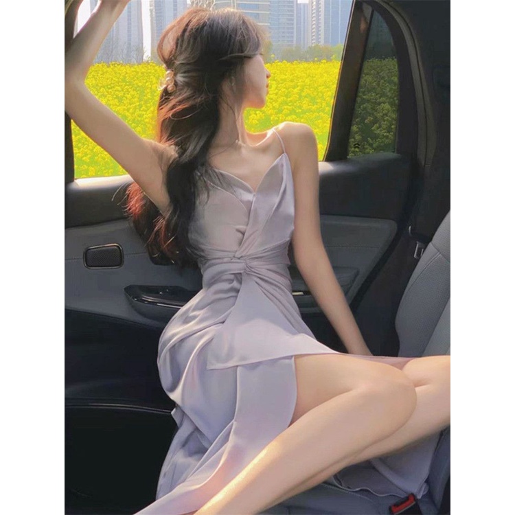 Đầm Hai Dây Dáng Dài Vải Satin Thời Trang Pháp 2023 Cao Cấp Quyến Rũ Cho Nữ