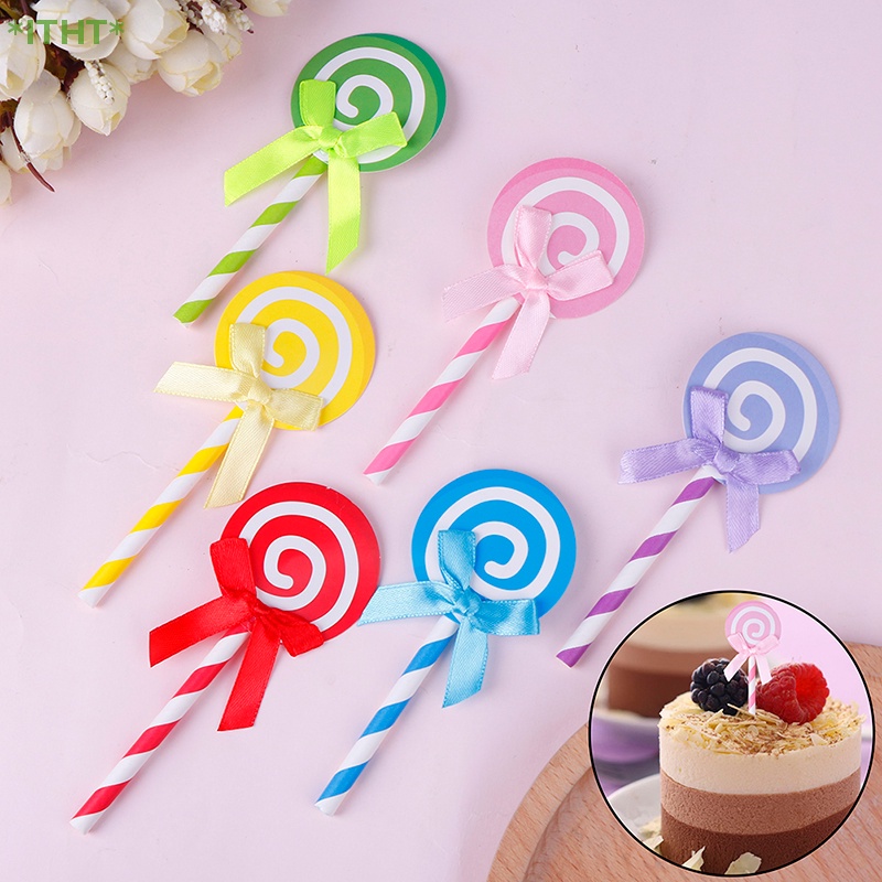 Set 6 Que Cắm Trang Trí Bánh Hình Kẹo Mút Thắt Nơ Xinh Xắn Mới