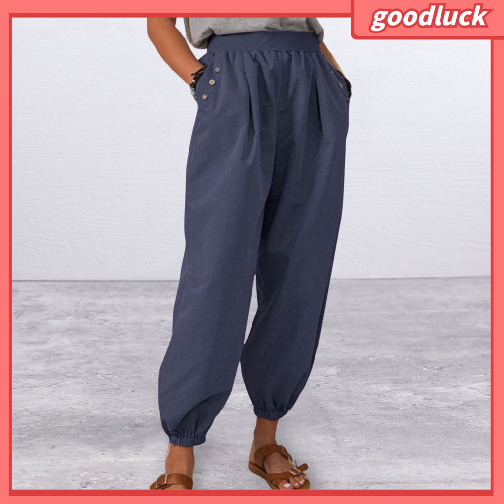 Quần Lửng Lưng Thun Màu Trơn Có Túi Đính Nút Trang Trí Đường Phố Cho Nữ