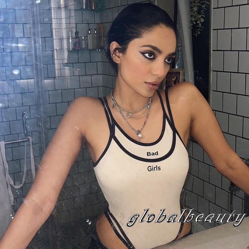 Bộ Áo Liền Quần Hai Dây Màu Sắc Tương Phản In Chữ 00GB Dành Cho Nữ