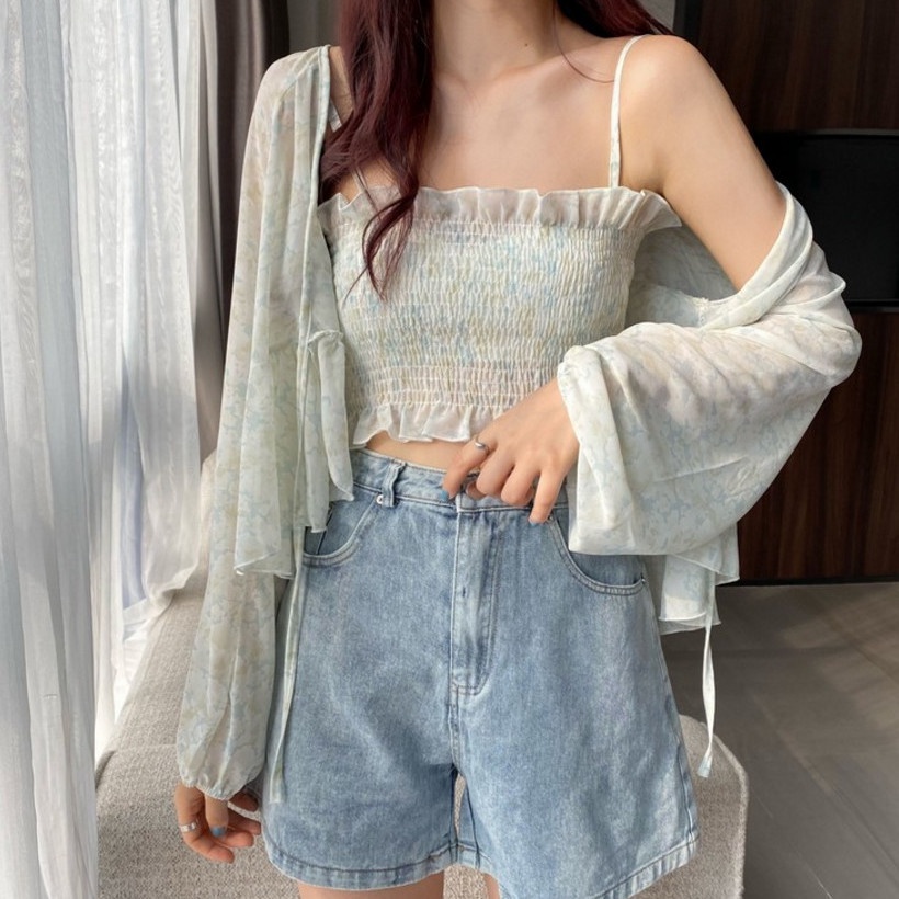 Áo Khoác Cardigan Chống Nắng Hai Dây Tay Phồng In Họa Tiết Thời Trang Hàn Quốc Mới 2023
