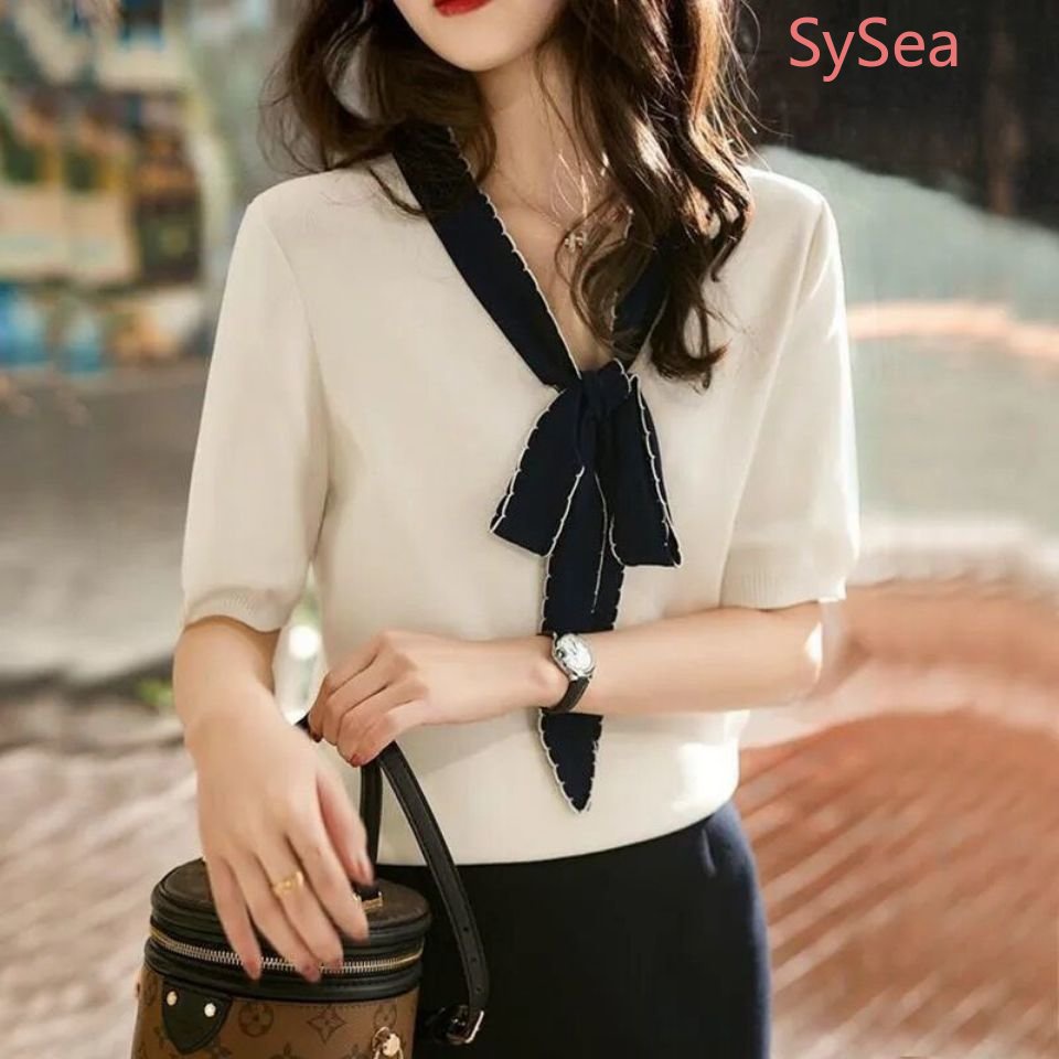 Áo Dệt Kim Phối Nơ Xinh Xắn Theo Phong Cách Mùa Hè Dành Cho Nữ