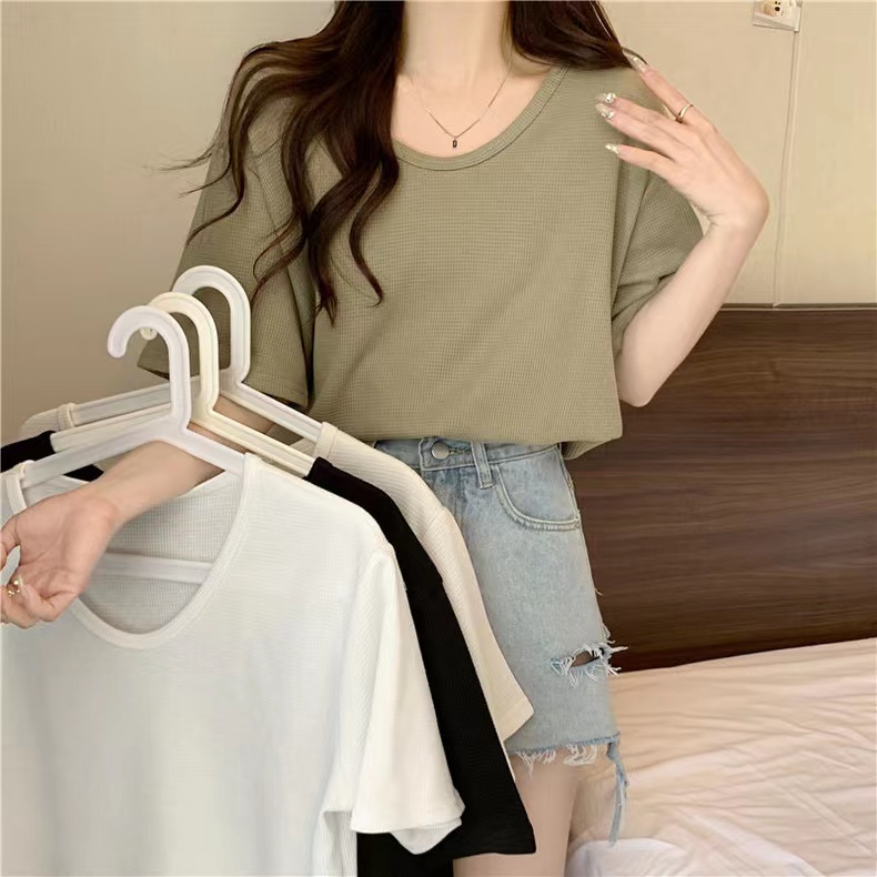 SUXI Áo Thun Mùa Hè Tay Cộc Dáng Rộng Màu Trơn Đơn Giản Cho Nữ