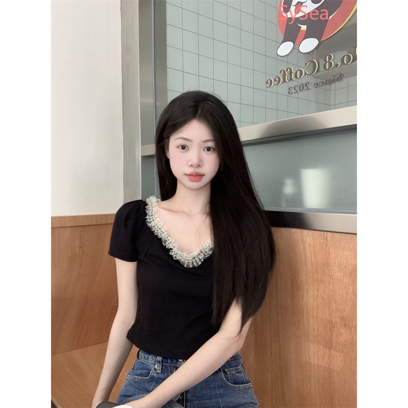 Áo Kiểu Cổ Vuông Phối Ren Thời Trang Mùa Hè Xinh Xắn Cho Nữ