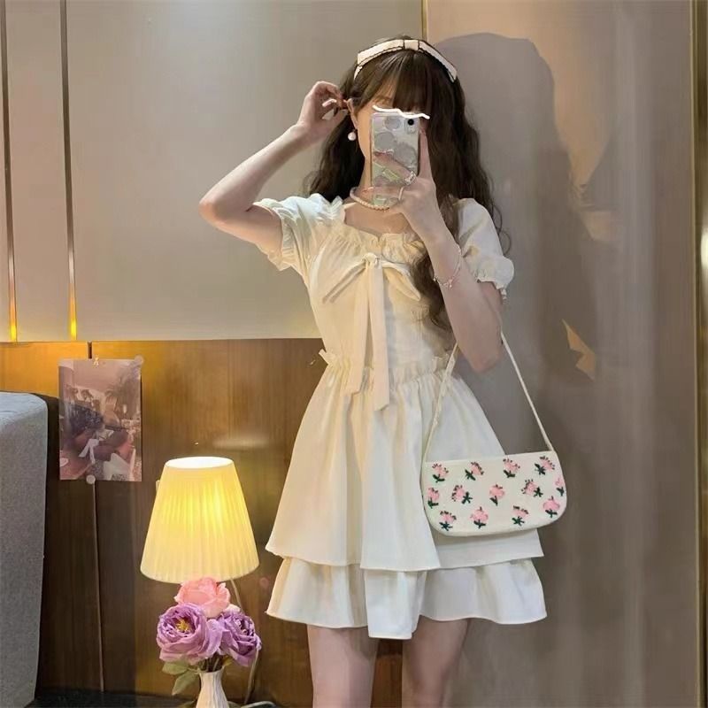 Đầm Chữ A Tay Phồng Phối Ren Thắt Nơ Thời Trang Mùa Hè Kiểu Pháp Mới