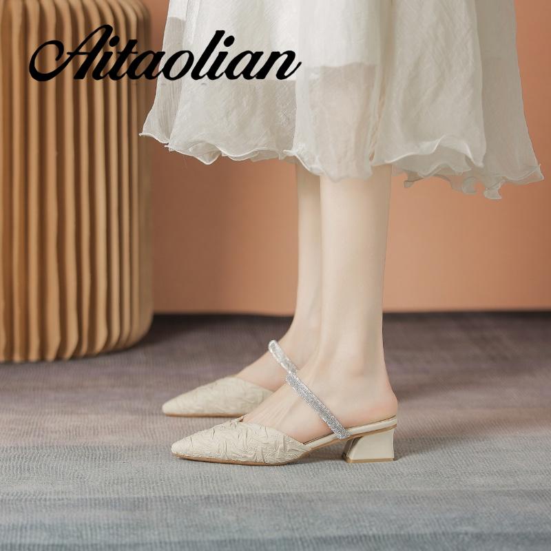 Dép Cao Gót 4cm Mũi Nhọn Đế Mềm Đính Nơ Cho Nữ