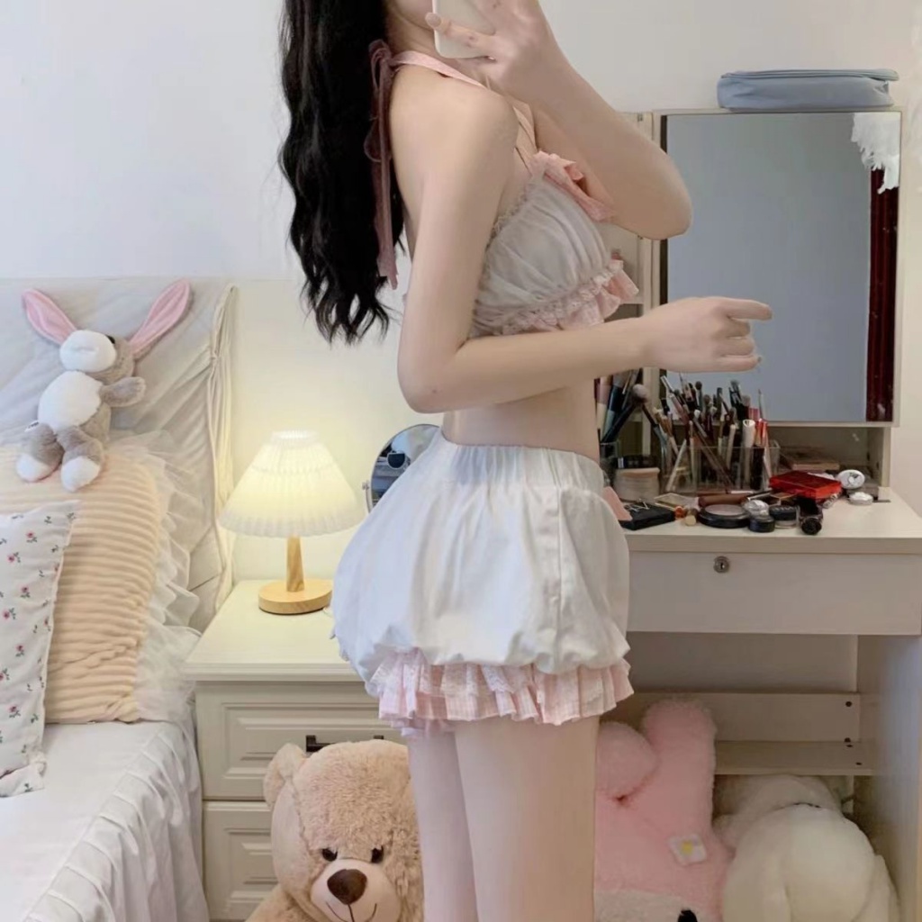 Bộ Đồ Ngủ Hai Dây Phối Quần Short Màu Trơn Dễ Thương Thời Trang Mùa Hè Cho Bạn Gái