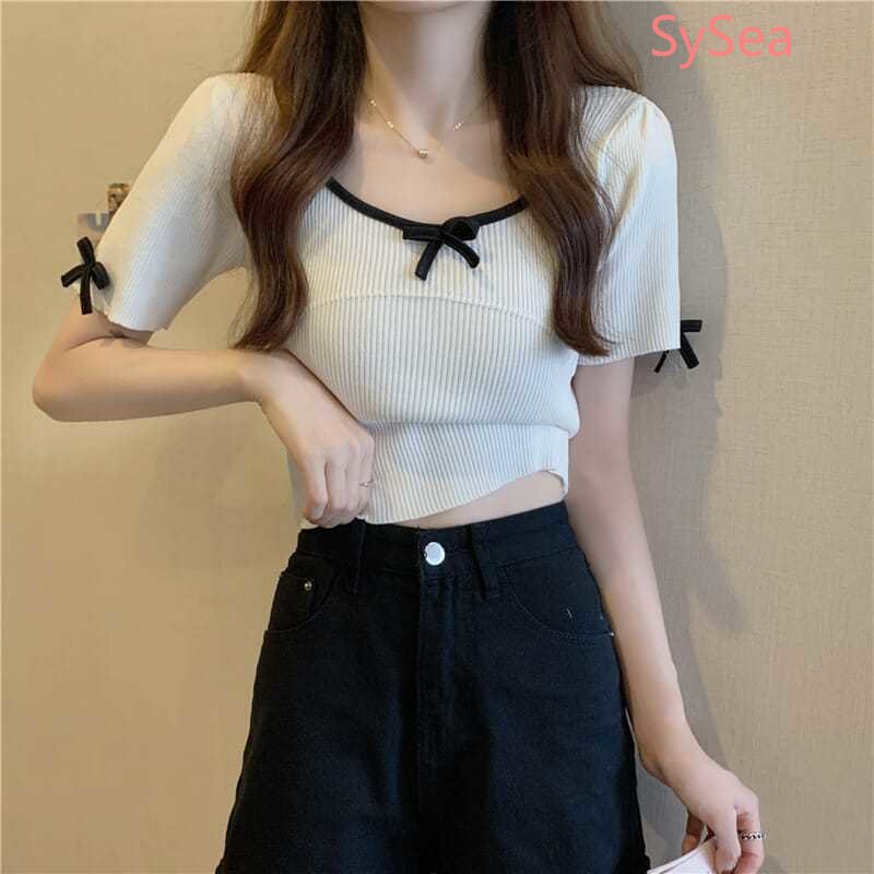 Áo Dệt Kim Ngắn Tay Phối Nơ Xinh Xắn Theo Phong Cách Hàn Quốc Dành Cho Nữ