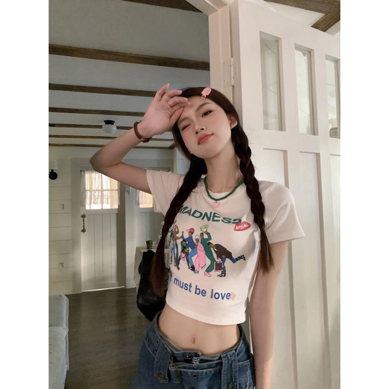 Áo baby tee Thun croptop Cotton Ngắn Tay Hở Rốn Eo Cao Thời Trang Retro Mỹ Cho Nữ