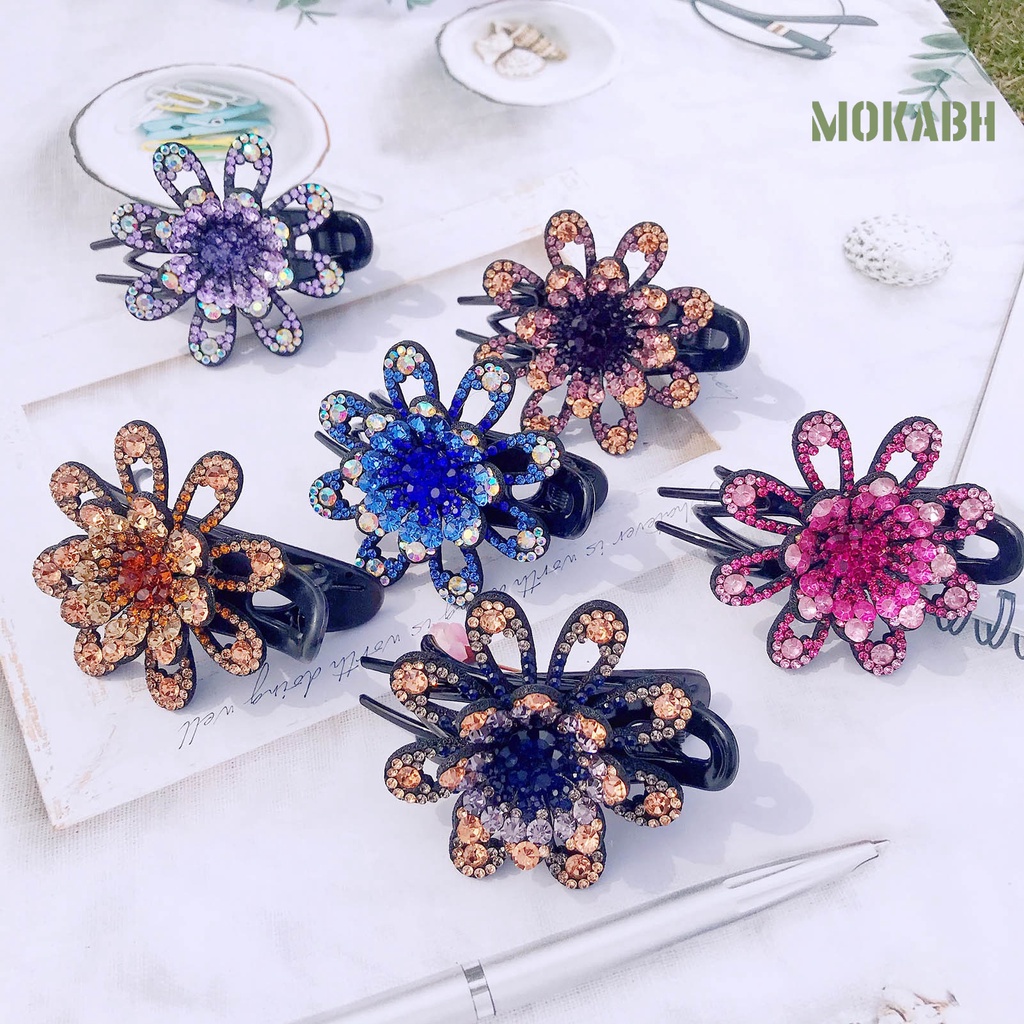 Kẹp Tóc Ba Răng Chống Trượt Họa Tiết Hoa Đính Đá Lấp Lánh Thanh Lịch