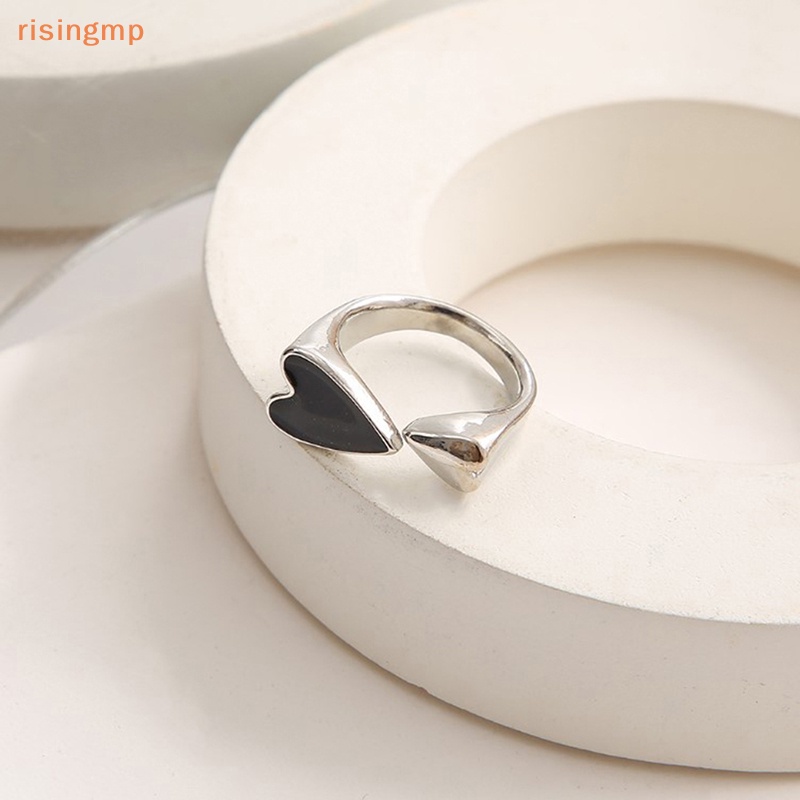 Nhẫn Kim Loại Dạng Mở Hình Trái Tim Hai Màu Đen Phong Cách Punk Tối Giản Cho Nữ