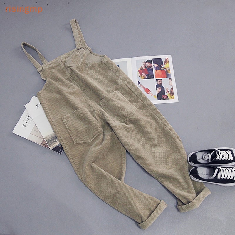 [risingmp] Quần Yếm Dáng Rộng Bằng Nhung Kẻ Màu Trơn Có Túi Phong Cách Hàn Quốc Giản Dị Dành Cho Nữ