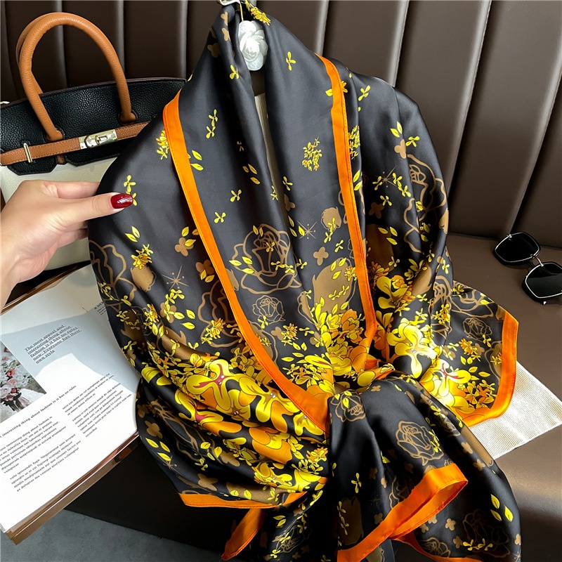 Khăn Quàng Cổ Chống Nắng Dáng Dài In Họa Tiết Hoa Vàng Sang Trọng Kích Thước 180 * 90CM Thời Trang Cho Nữ