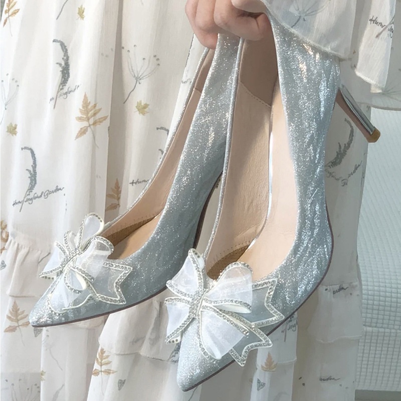 Giày Cao Gót Pha Lê Mỏng Mũi Nhọn Đính Nơ Thời Trang Mới 2023 Cho Nữ