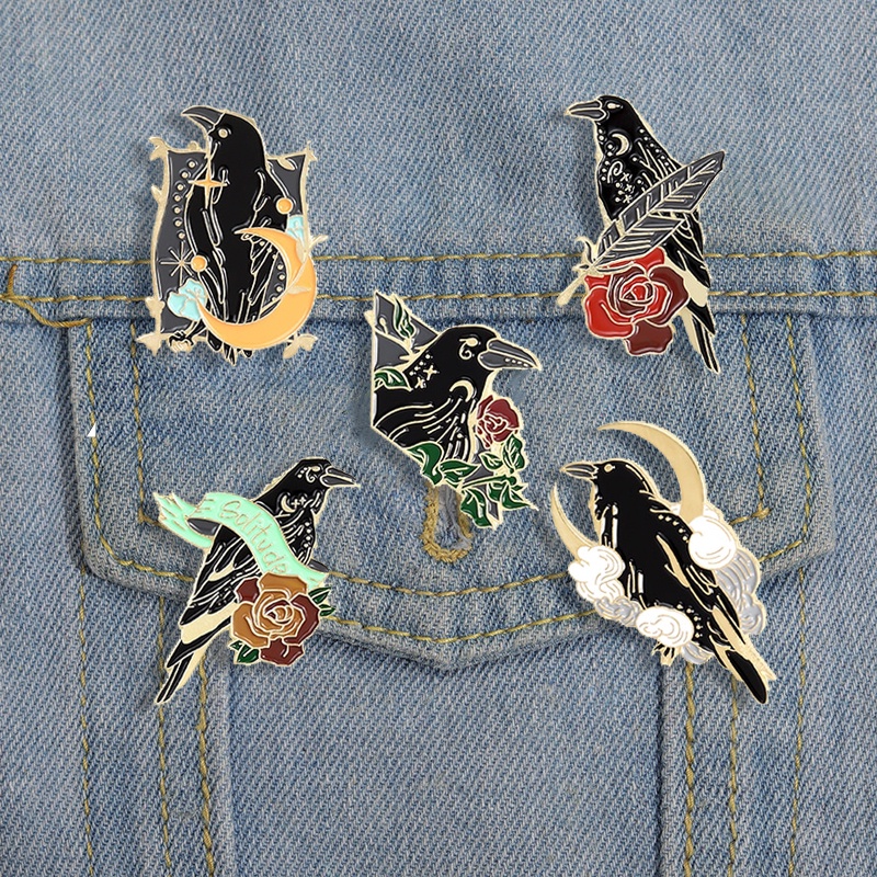 Ghim Cài Áo Tráng Men Cứng Hình Động Vật / Trăng Sao / Lông Vũ / Chim Quạ Màu Đen