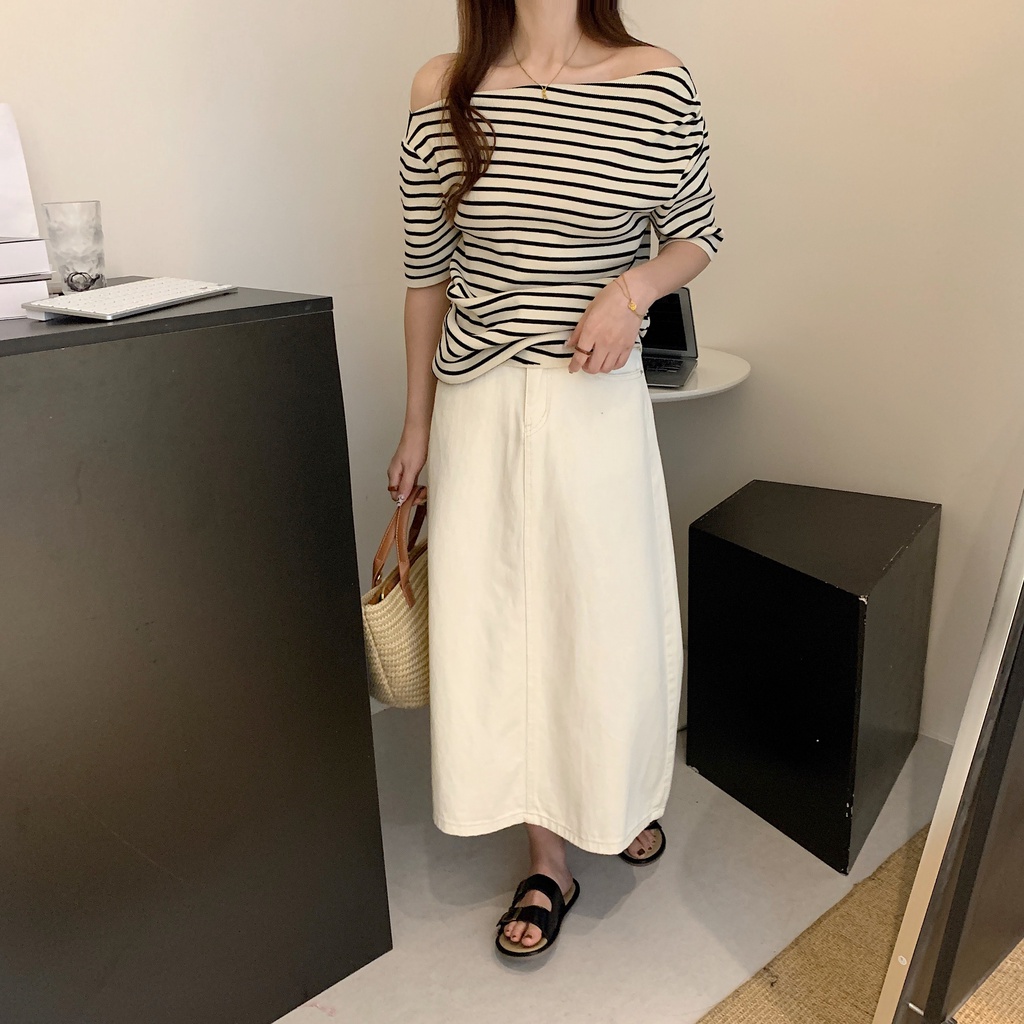 Áo Thun Tay Ngắn Kẻ Sọc Một Đường Kẻ Ôm Dáng Vừa Vặn Mùa Hè Hàn Quốc Cho Nữ