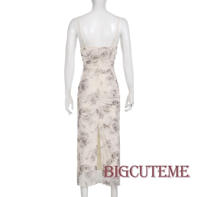 Đầm Hai Dây Mùa Hè In Hoa Xẻ Tà Sau Lưng Phong Cách Cổ Điển Cho Nữ