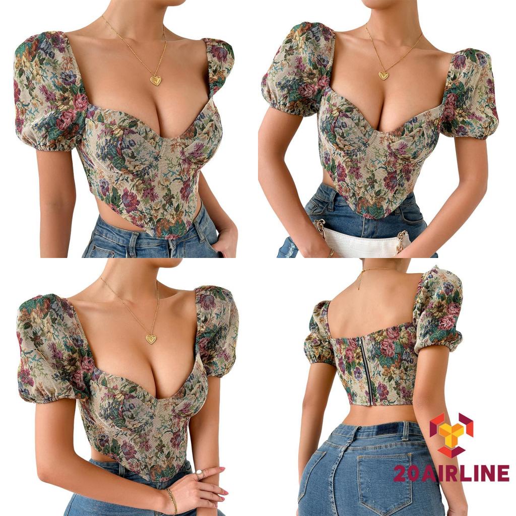 Áo Croptop Tay Phồng Ngắn Cổ Chữ V Khoét Sâu In Họa Tiết Hoa Phối Khóa Kéo Sau Lưng Thời Trang Mùa Hè Cho Nữ