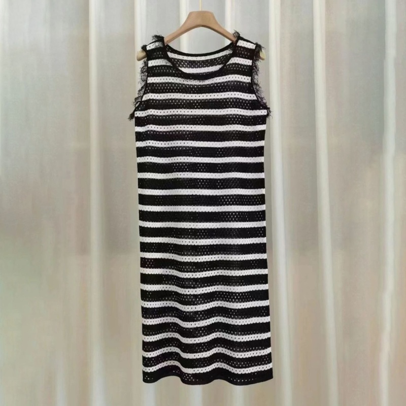 Đầm Midi Đan Len Dáng Rộng Không Tay Họa Tiết Kẻ Sọc Thời Trang Mùa Hè Cho Nữ