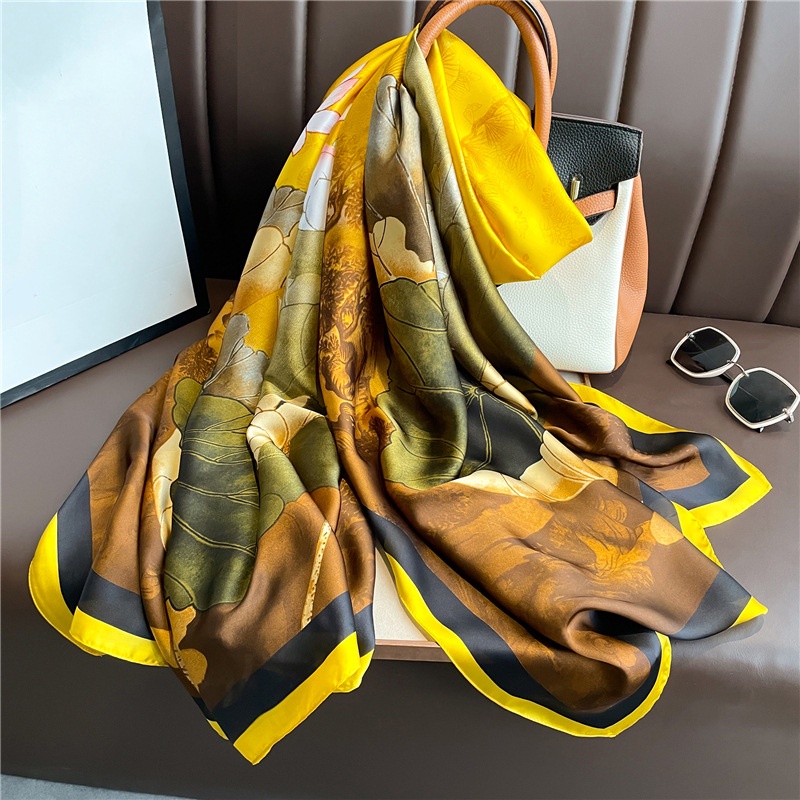 Khăn Choàng Lụa Chống Nắng Dáng Dài Cỡ Lớn 180 X 90CM In Họa Tiết Hoa Sen Sang Trọng Cho Nữ