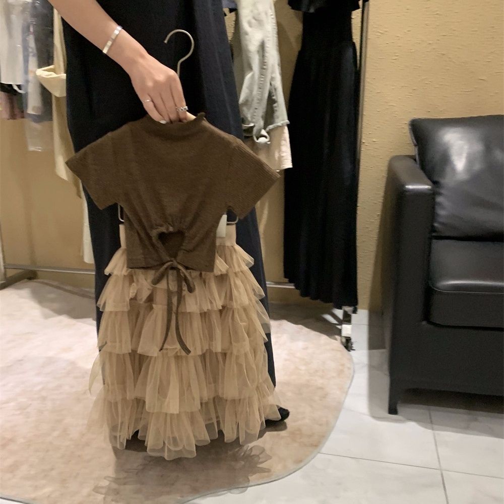 Bộ Áo Thun Hở Lưng Phối Chân Váy Lưới Tầng Phong Cách Hàn Quốc Thời Trang Mùa Hè 2023 Cho Bé Gái