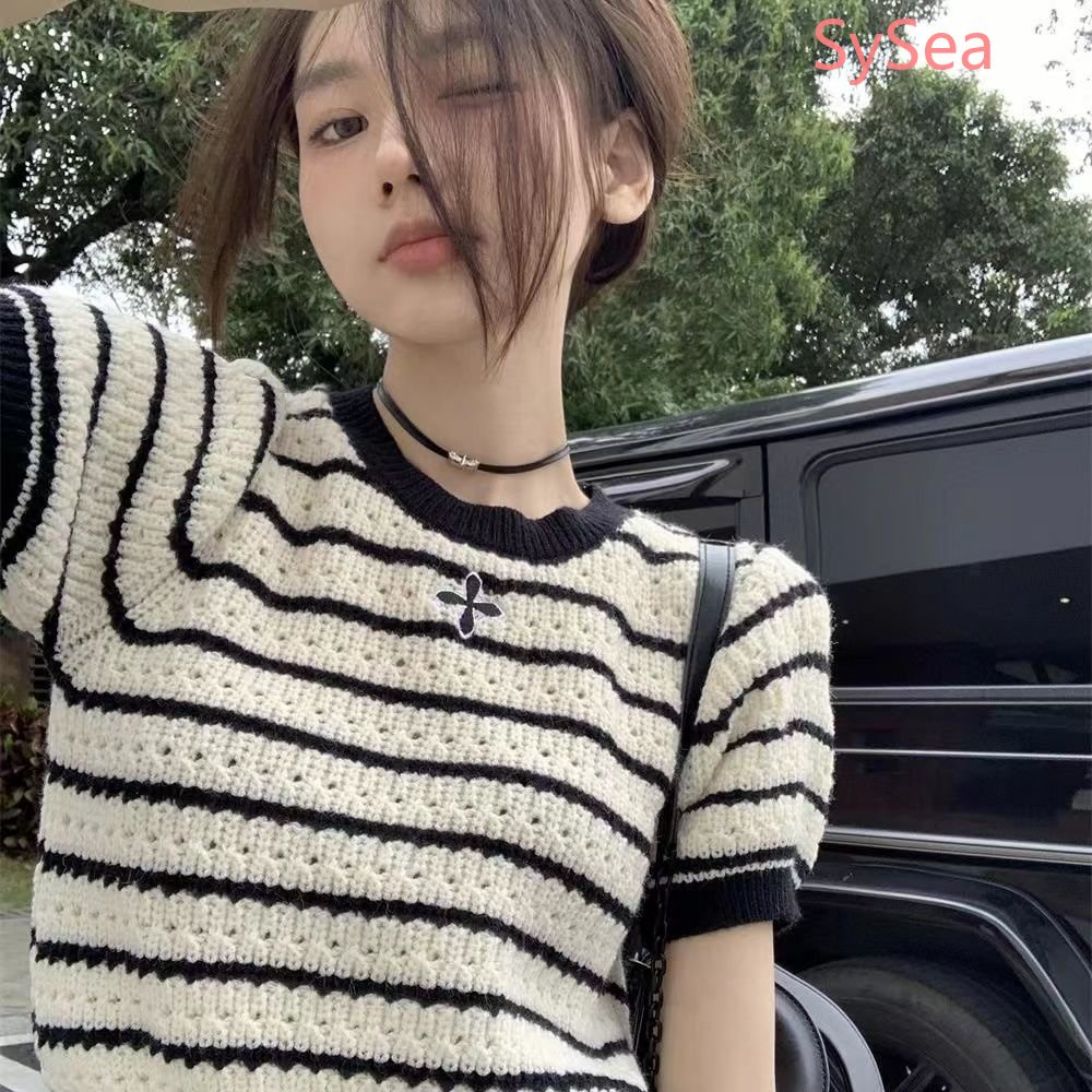 Áo Dệt Kim Kẻ Sọc Cổ Tròn Thời Trang Mùa Hè Cho Nữ