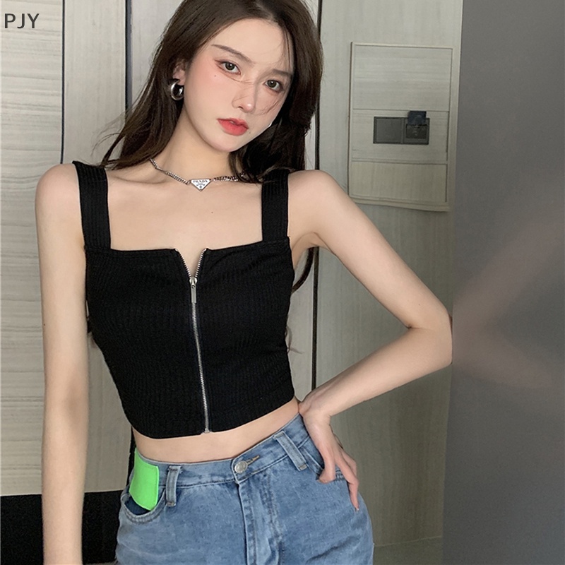 Áo Hai Dây Dệt Kim Màu Trơn Phối Khóa Kéo Quyến Rũ Cho Nữ