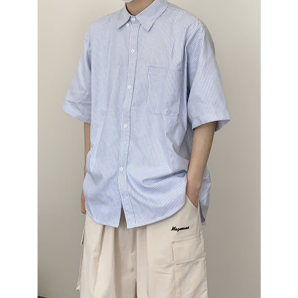 Áo Sơ Mi Ngắn Tay Dáng Rộng Họa Tiết Sọc Thời Trang Mùa Hè Nhật Bản Dành Cho Nam