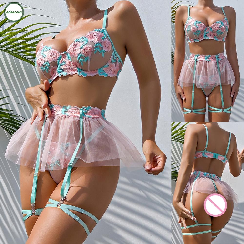 New Coming~Gorgeous 3 Piece Women's Lace Embroidery Lingerie Set Bra G string Garter Belt Underwear#Home Essentialses