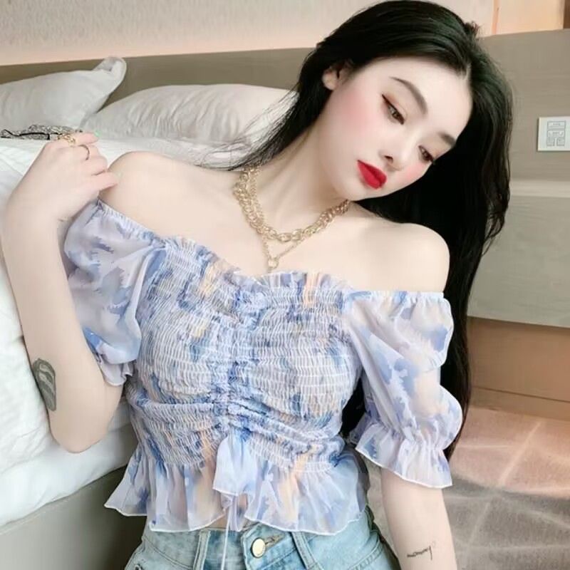 Áo Chiffon Tay Phồng Xếp Ly Phối Dây Rút Phong Cách Hàn Quốc Thời Trang Mùa Hè Xinh Xắn Cho Nữ