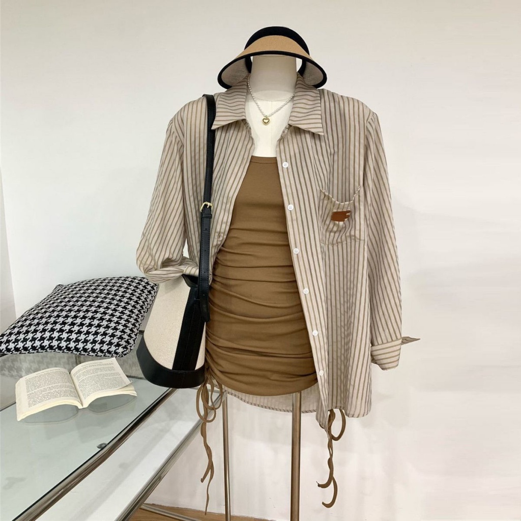 Bộ Áo Sơ Mi Chống Nắng Hai Mảnh Thiết Kế Dây Rút Kẻ Sọc Phong Cách Hàn Quốc 2023 Niche Cho Nữ