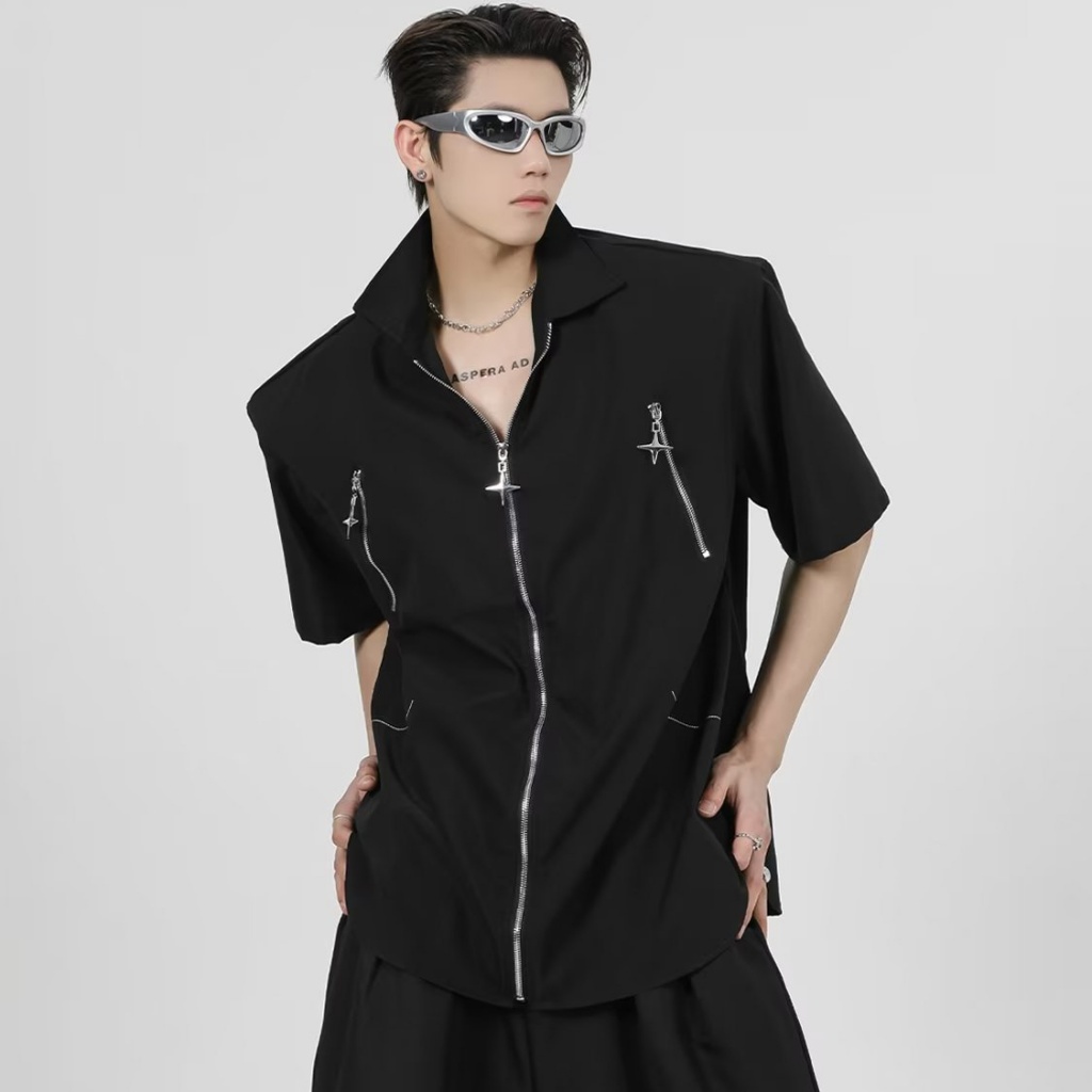 Áo Sơ Mi Tay Ngắn Dáng Rộng Phong Cách Hip Hop Cá Tính Cho Nam