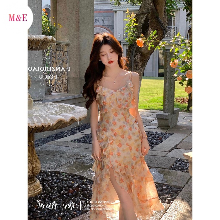 Đầm Hai Dây Dáng Dài Xẻ Tà In Họa Tiết Hoa Thời Trang Xuân Hè 2023 Mới