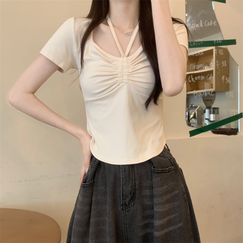 Áo Thun Tay Ngắn Cổ Vuông Xếp Ly Màu Trơn Thiết Kế Mới Thời Trang Mùa Hè Dành