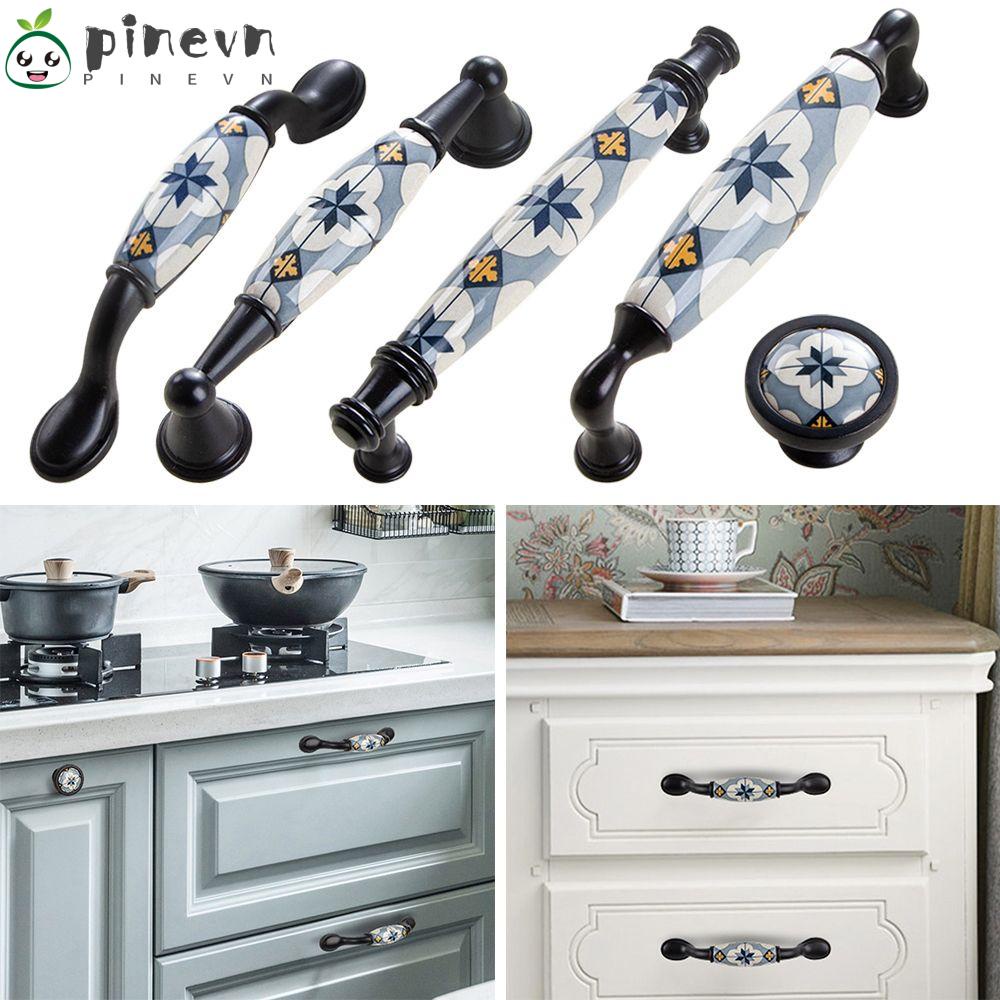 Tay Nắm Cửa Tủ Họa Tiết Hoa Màu Xanh Dương Phong Cách Bắc Âu