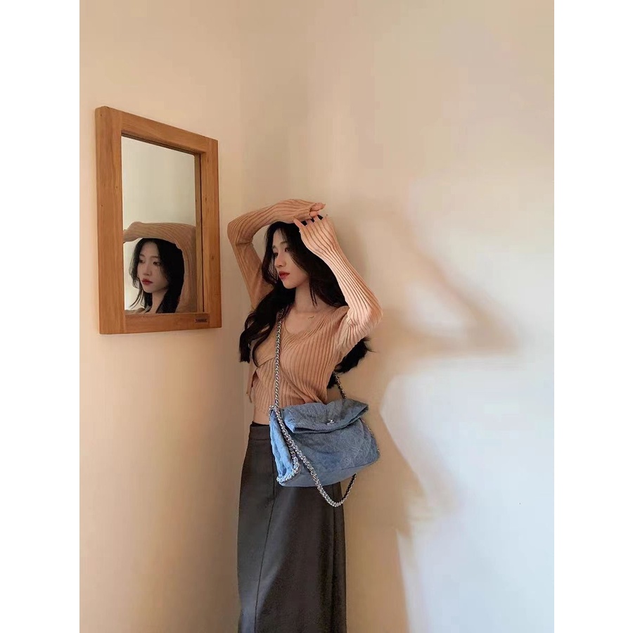 Túi Xách Đeo Vai Denim Phối Dây Xích Thời Trang Nữ 2023 Mới