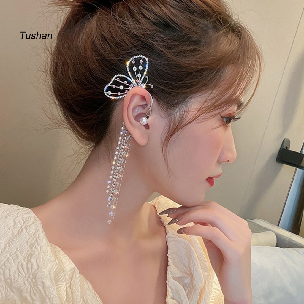 1 Đôi Bông Tai Kẹp Hình Bướm Có Đính Đá Lấp Lánh Dành Cho Nữ