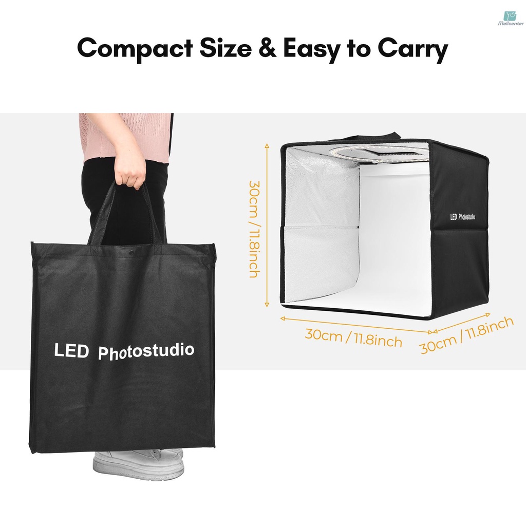 30cm/ 11.8inch Foldable LED Light Tent Portable Tabletop Photo Studio Light Box 128pcs LED Beads Bi-Color Temperature Adjustable Brightness with 6pcs Color Backdrops(White/Black/Grey/Red/Green/Orange)