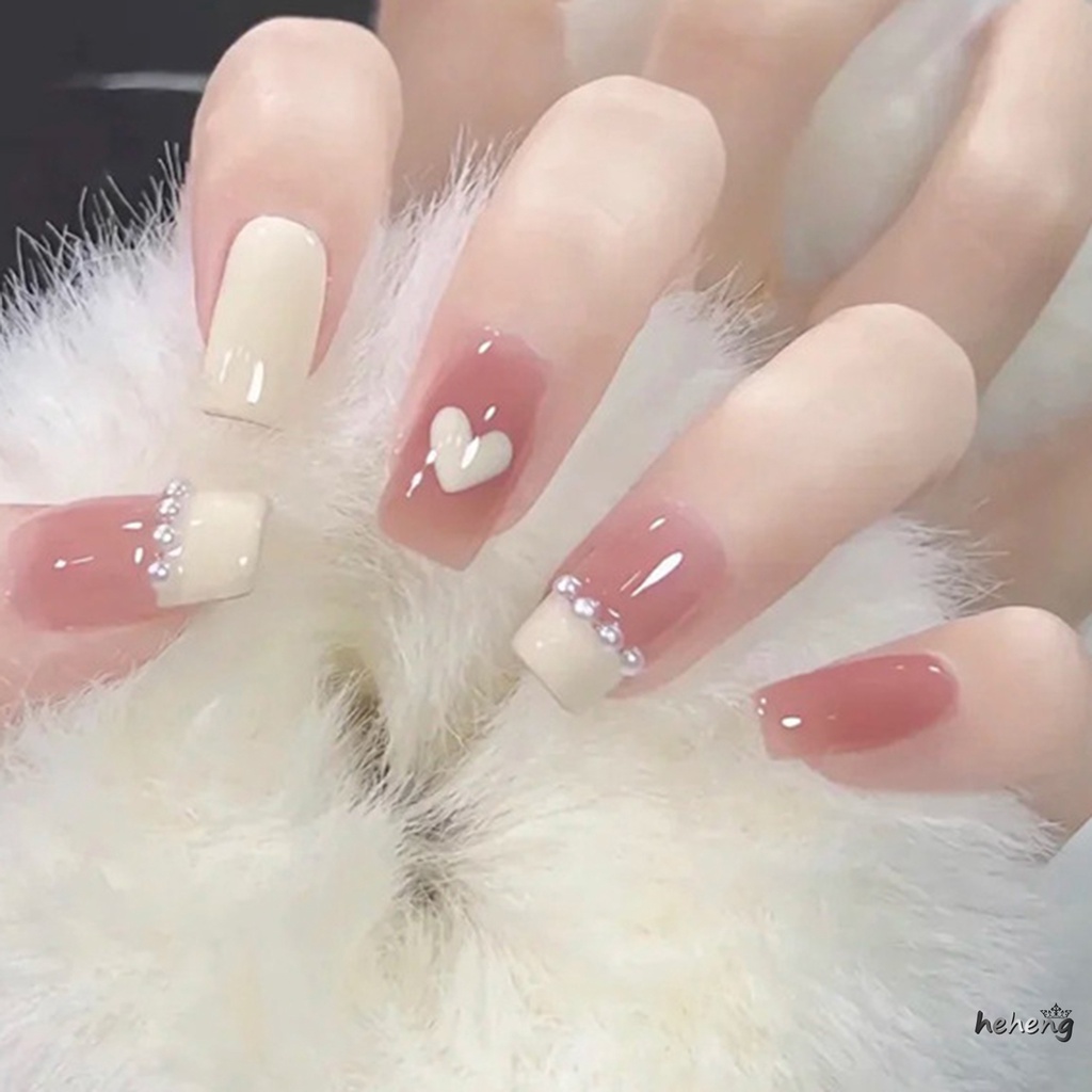 Móng Tay Giả Mỏng Dạng Nhấn Màu Hồng Trong Suốt Đính Ngọc Trai Dễ Sử Dụng