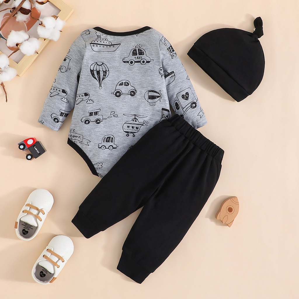 Combo bộ đồ bé Trai 0-18 tháng dài tay In Hình Xe Hơi Hoạt Hình Dành bodysuit liền thân quần dài set thời trang cho bé trẻ em sơ sinh