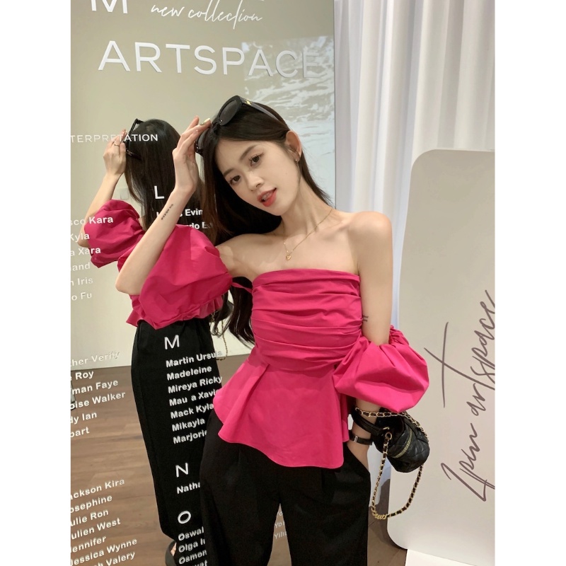 Cozok Áo Sơ Mi Tay Phồng Ngắn Xếp Ly Một Bên Vai Ôm Dáng Kiểu Vintage