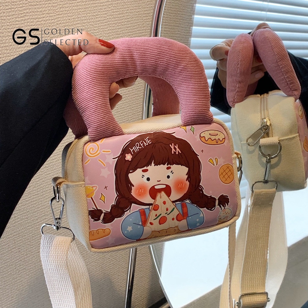 Túi Đeo Chéo Vải Canvas Mềm Dáng Vuông Nhỏ In Họa Tiết Hoạt Hình Vui Nhộn Dễ Phối Đồ Thời Trang Cho Nữ