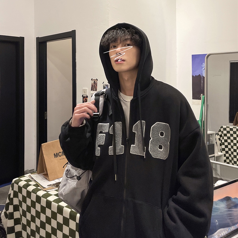 Áo khóa nỉ có mũ trùm đầu màu nâu của nam giới áo khoác oversize