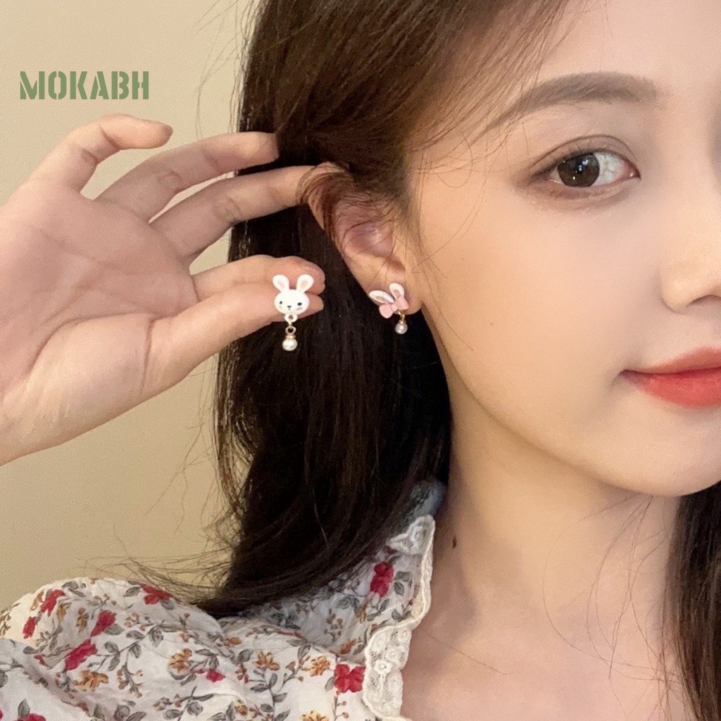 1 Đôi Bông Tai Hình Thỏ Hồng Đính Ngọc Trai Giả Dễ Thương Dành Cho Tuổi Teen