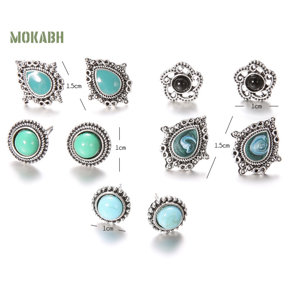 Set 5 Đôi Bông Tai Xỏ Lỗ Đính Đá Ngọc Lam Giả Phong Cách Bohemia Thời Trang