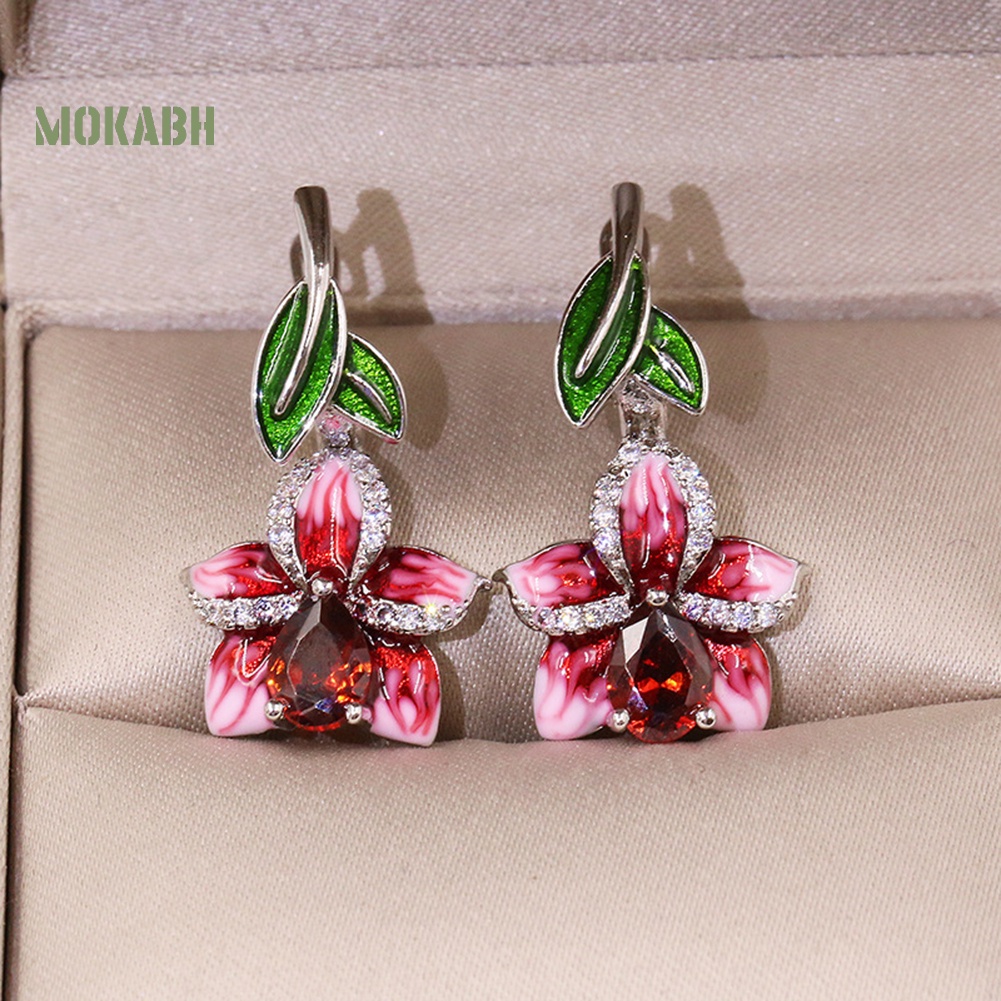 Bông Tai Hình Hoa Lá Tráng Men Đính Đá Thời Trang Cho Nữ