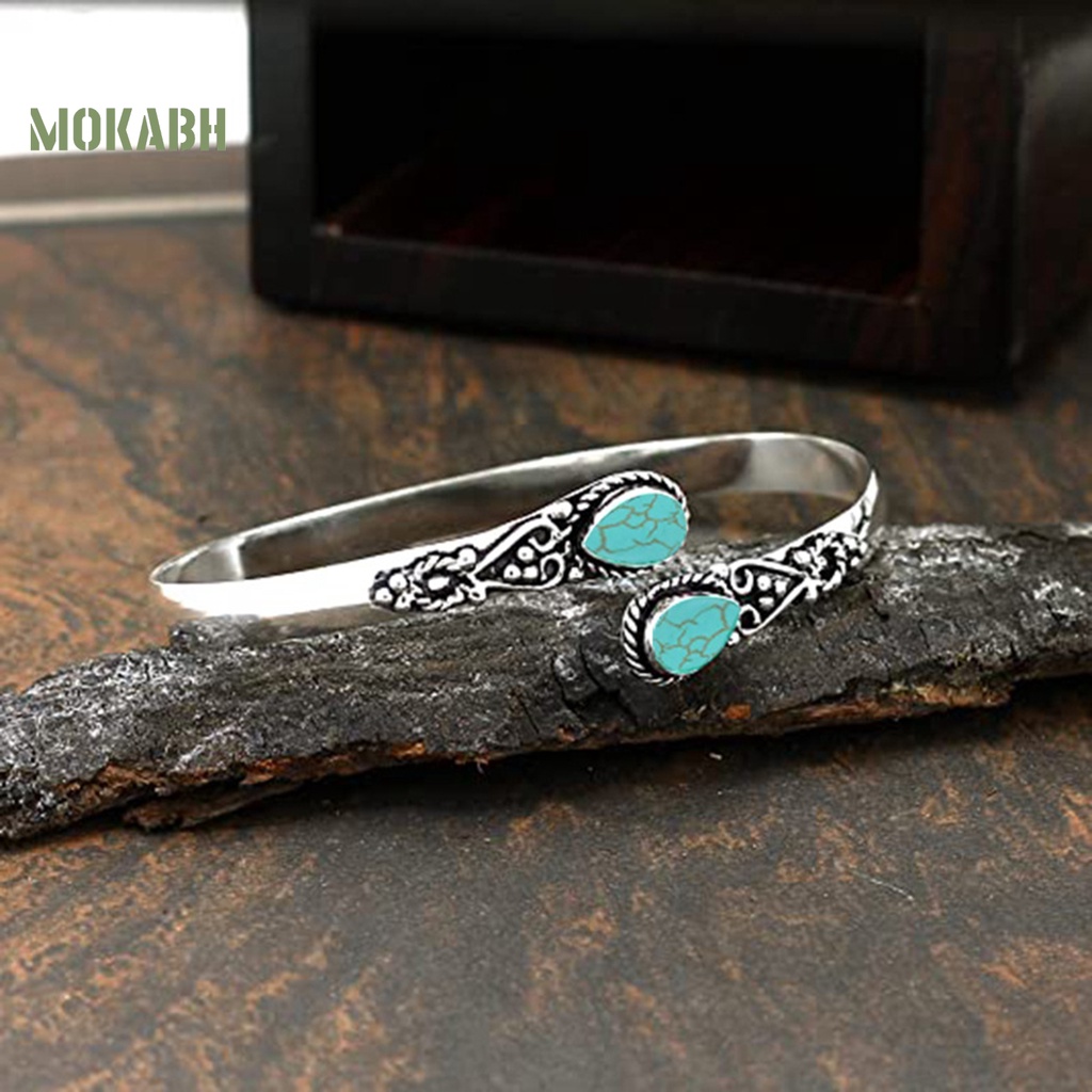 [Mới] Vòng Đeo Tay Dạng Hở Đính Đá Ngọc Lam Giả Hình Giọt Nước Thủ Công Có Thể Điều Chỉnh Trang Sức Cá Tính