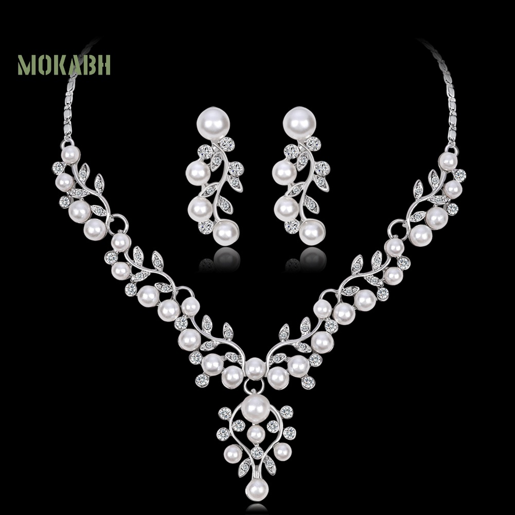 Bộ Vòng cổ + Bông Tai Đính Đá &amp; Ngọc Trai Giả Thanh Lịch Cho Nữ