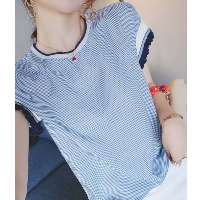 Áo Sơ Mi Chiffon Tay Ngắn Dáng Rộng Họa Tiết Caro Màu Xanh Dương Viền Gỗ Thời Trang Mùa Hè Hàn Quốc Cho Nữ