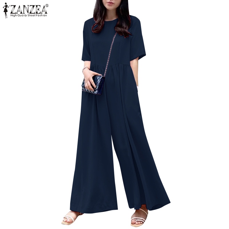 ZANZEA Áo liền quần Ngắn Tay Cổ Tròn Ống Rộng Lưng Cao Thời Trang Nữ Hàn Quốc